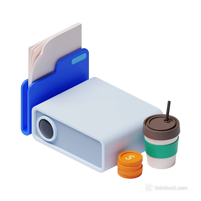 Decorative Ornament Set With Blue Folder White Projector Coffee Cup With Straw And Orange Coins 3d model 