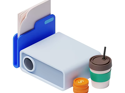 Decorative Ornament Set With Blue Folder White Projector Coffee Cup With Straw And Orange Coins 3d model