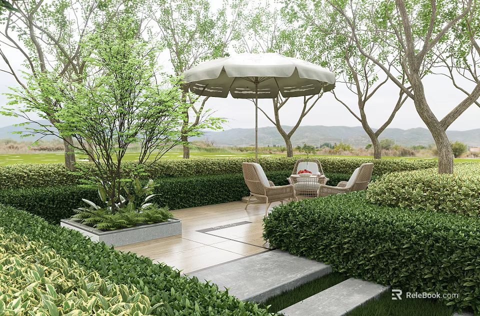 Garden Landscape Design With Neatly Trimmed Hedges Umbrella Seating And Stone Pathway 3d model 