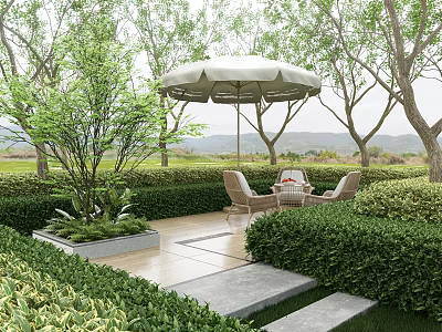 Garden Landscape Design With Neatly Trimmed Hedges Umbrella Seating And Stone Pathway 3d model