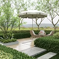 Garden Landscape Design With Neatly Trimmed Hedges Umbrella Seating And Stone Pathway