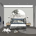 Cozy Kids Room Interior With Arched Mural Bed Nightstands Toys And Wooden Floor Rug