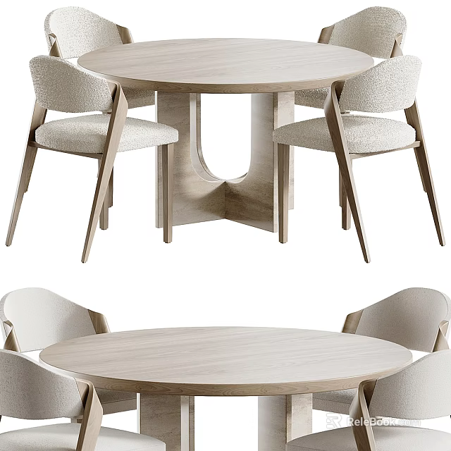Modern Round Wooden Dining Table Set With 4 Upholstered Chairs 3d model