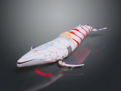 White Whale With Red Stripes And Intricate Design Details On Reflective Surface 3d model