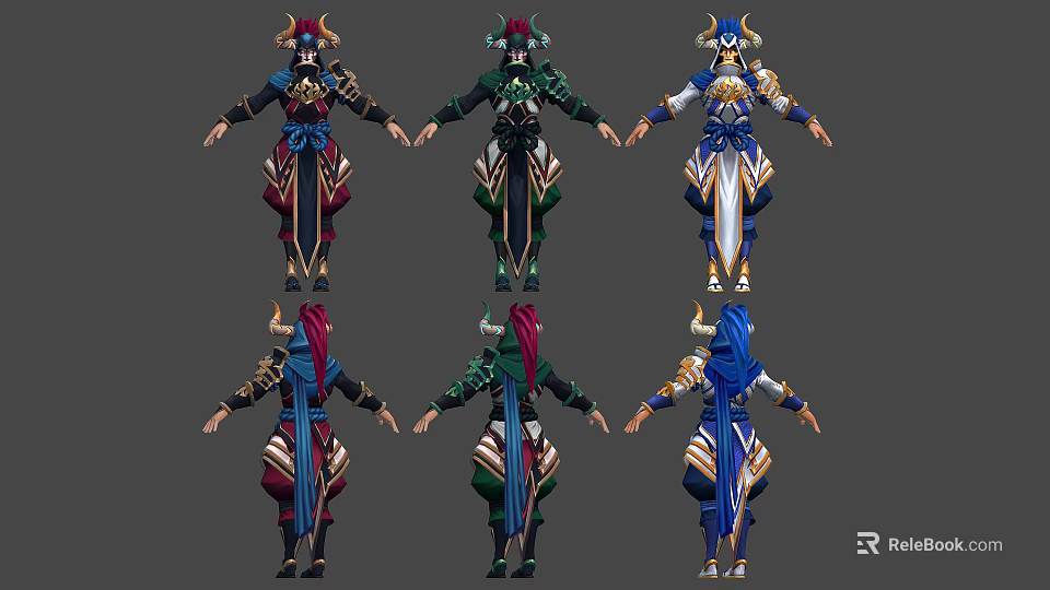 Man Character Designs With Horned Headdresses Multiple Colored Outfits And Armor Details 3d model 