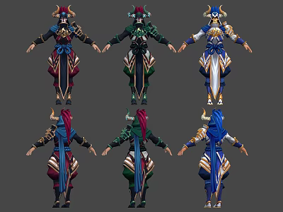 Man Character Designs With Horned Headdresses Multiple Colored Outfits And Armor Details 3d model