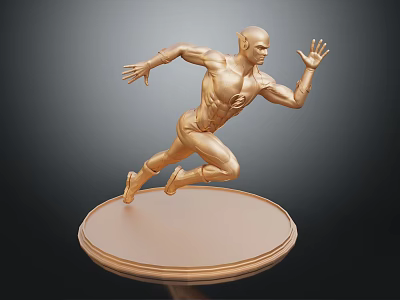 Golden Human Sculpture In Running Pose With Muscular Details And Circular Base 3d model