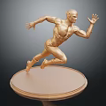 Golden Human Sculpture In Running Pose With Muscular Details And Circular Base