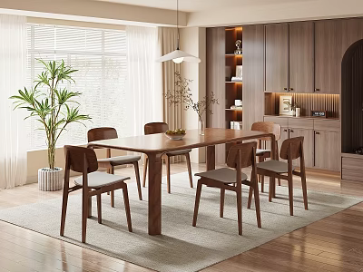 Natural Style Restaurant Interior With Wooden Dining Table Chairs Potted Plant Cabinets And Hanging Lamp 3d model