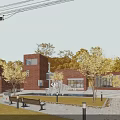 Modern Red Brick Office Building Open Courtyard With Trees Benches And Greenery