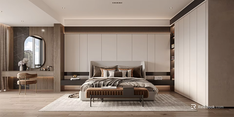 Modern Bedroom Interior Design With Large Bed Wooden Headboard Bench Neutral Tones Rug And Cabinets 3d model 