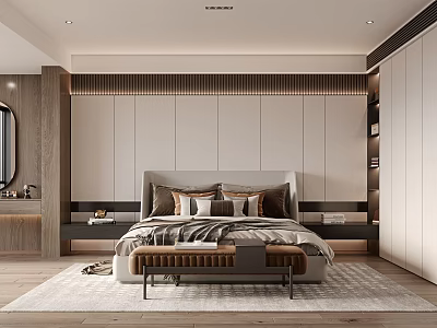 Modern Bedroom Interior Design With Large Bed Wooden Headboard Bench Neutral Tones Rug And Cabinets 3d model