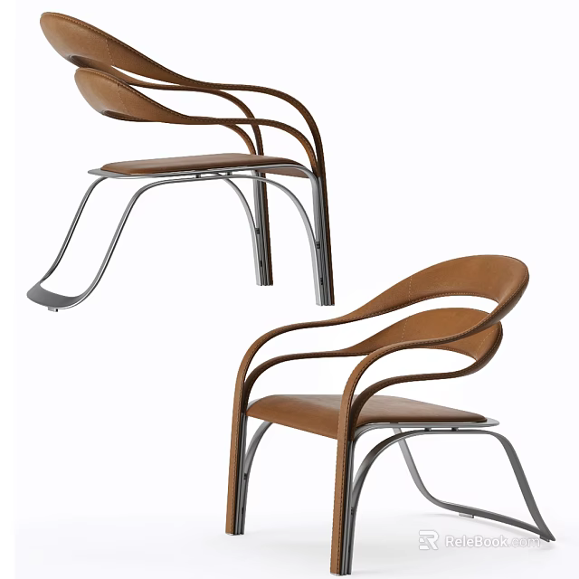 Modern Office Chair With Brown Leather Upholstery And Curved Metal Armrests Design 3d model 