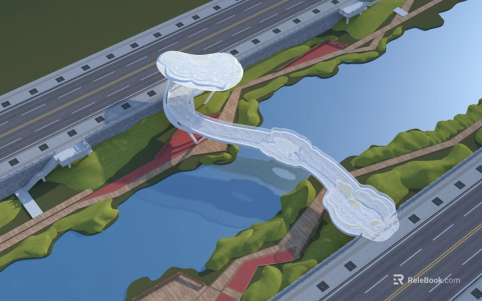 Modern Scenic Landscape Bridge With Curved Design Connecting Roads Over River And Green Areas 3d model 