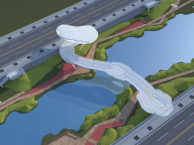 Modern Scenic Landscape Bridge With Curved Design Connecting Roads Over River And Green Areas 3d model