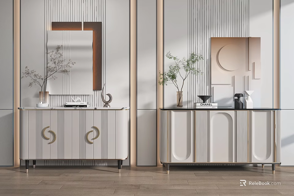 Modern Minimalist Entryway Console Table And Sideboard With Mirror And Vase Decor 3d model