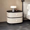 Modern Bedroom Interior With Beige Black Nightstand Drawers And Marble Base Table Lamp