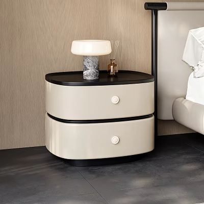 Modern Bedroom Interior With Beige Black Nightstand Drawers And Marble Base Table Lamp 3d model