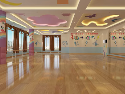Bright Children Dance Studio With Wooden Floor Mirror Walls And Colorful Decor 3d model