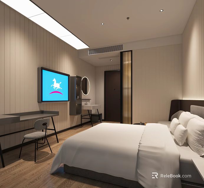 Modern Hotel Guest Room Interior With Comfortable Bed Wall-Mounted TV Desk Chair And Wooden Walls 3d model 