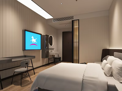 Modern Hotel Guest Room Interior With Comfortable Bed Wall-Mounted TV Desk Chair And Wooden Walls 3d model