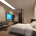 Modern Hotel Guest Room Interior With Comfortable Bed Wall-Mounted TV Desk Chair And Wooden Walls