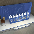 Launch Device on Blue Stage with Line Patterns Six Silhouette Figures Circular Devices and Trophy