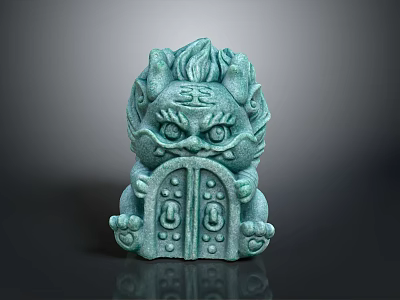 Traditional Mythical Guardian Beast Green Sculpture With Intricate Carving Claw Holding Gate Structure 3d model