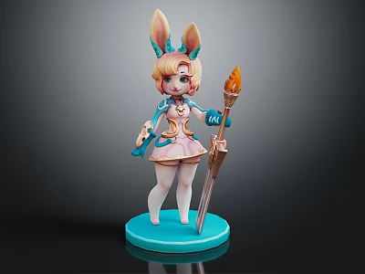 Bunny Ear Girl Character Holding Torch And Sword With Pink Blue Outfit On Blue Base 3d model