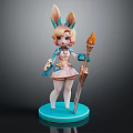 Bunny Ear Girl Character Holding Torch And Sword With Pink Blue Outfit On Blue Base