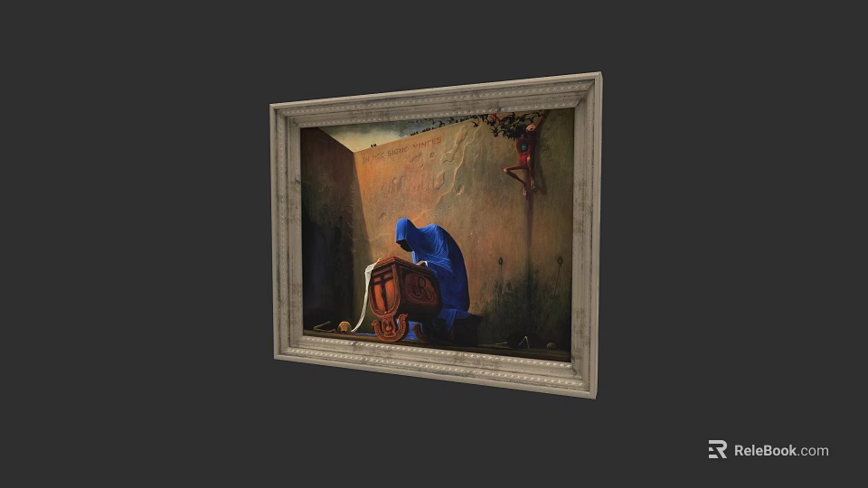 Vintage Framed Oil Painting With Blue Cloaked Figure And Wooden Chest In Cave Like Interior 3d model 