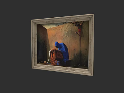 Vintage Framed Oil Painting With Blue Cloaked Figure And Wooden Chest In Cave Like Interior 3d model