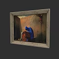 Vintage Framed Oil Painting With Blue Cloaked Figure And Wooden Chest In Cave Like Interior