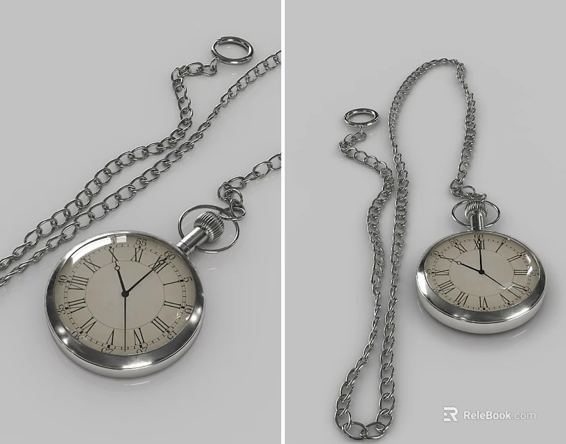 Classic Vintage Silver Pocket Watch With Roman Numeral Dial And Chain 3d model 