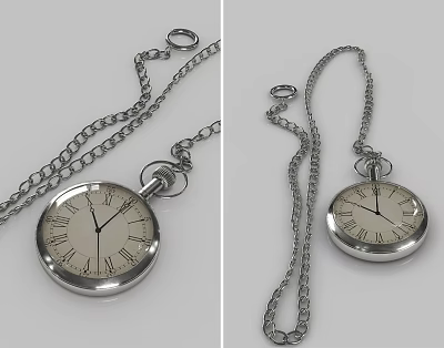 Classic Vintage Silver Pocket Watch With Roman Numeral Dial And Chain 3d model