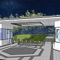 Modern Building Exterior Wall With Glass Facade Greenery And Night Courtyard Lighting