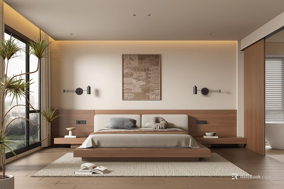 Modern Bedroom Interior With Wooden Headboard Decorative Art Wall Sconces And Floor To Ceiling Windows 3d model 