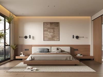 Modern Bedroom Interior With Wooden Headboard Decorative Art Wall Sconces And Floor To Ceiling Windows 3d model