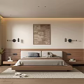 Modern Bedroom Interior With Wooden Headboard Decorative Art Wall Sconces And Floor To Ceiling Windows