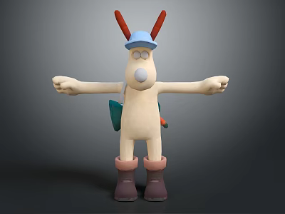 Cartoon Character With Red Ears Blue Hat White Body Brown Boots Green Backpack Outstretched Arms 3d model