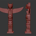 Traditional Totem Poles With Colorful Eagle And Facial Carvings Decorations