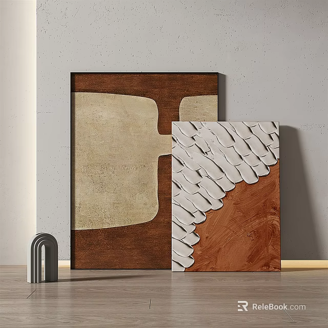 Modern Abstract Decorative Paintings With Brown White Textures And Gray Sculpture 3d model 