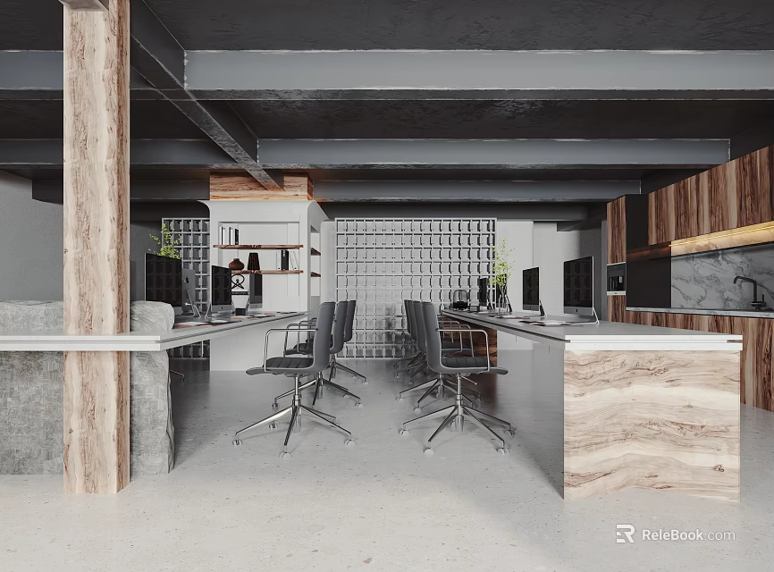 Modern Public Office Space Interior Design With Open Desk Layout Office Chairs And Wooden Accents 3d model 