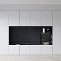 Modern Living Room TV Wall Unit with White Cabinets Black Screen and Open Storage Shelves