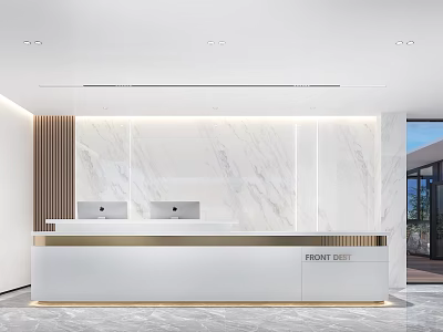 Modern Front Desk Reception Area With Marble Wall And Elegant Modern Lighting Design 3d model