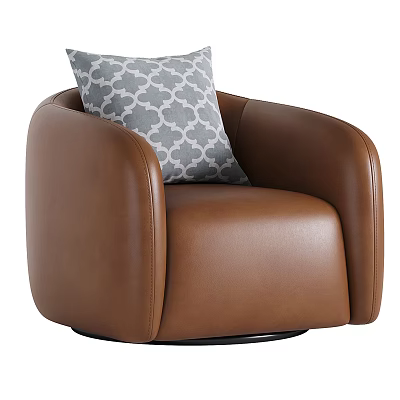 Brown Leather Armchair With Gray Geometric Pattern Cushion And Modern Swivel Design 3d model