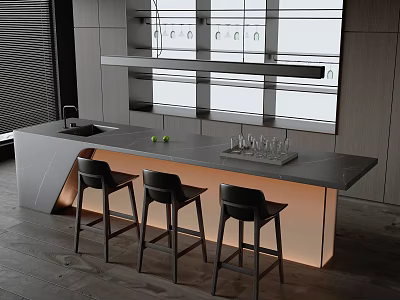 Modern Sleek Bar Counter With Stone Top Three Black Bar Stools And Ambient Lighting 3d model