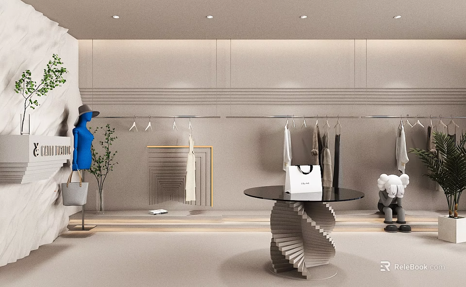 Modern Clothing Store With Hanging Clothes Display White Shopping Bag Round Table And Green Plant 3d model 