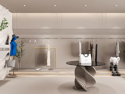 Modern Clothing Store With Hanging Clothes Display White Shopping Bag Round Table And Green Plant 3d model