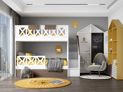Kids Room Interior With White Yellow Bunk Bed House Shaped Furniture Chalkboard Wall And Rug 3d model